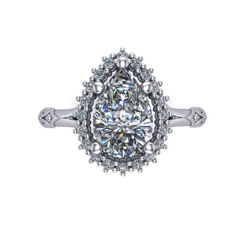 Lillian pear vintage halo engagement ring in Platinum, top-down view showing the squared pav&eacute; halo framing the pear center