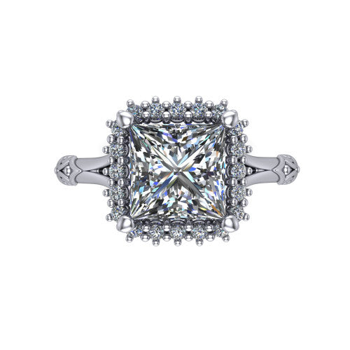 Lillian princess vintage halo engagement ring in Platinum, top-down view showing the squared pav&eacute; halo framing the princess center
