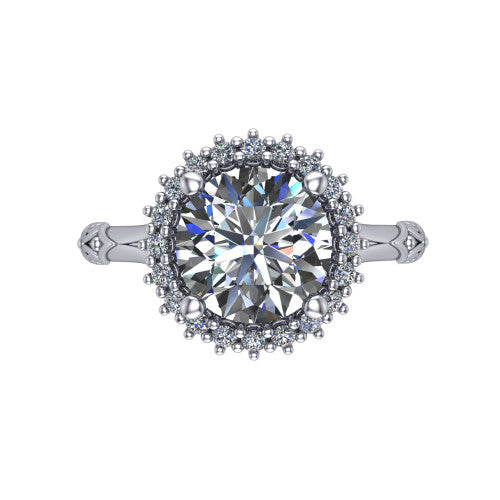 Lillian round vintage halo engagement ring in Platinum, top-down view showing the squared pav&eacute; halo framing the round center