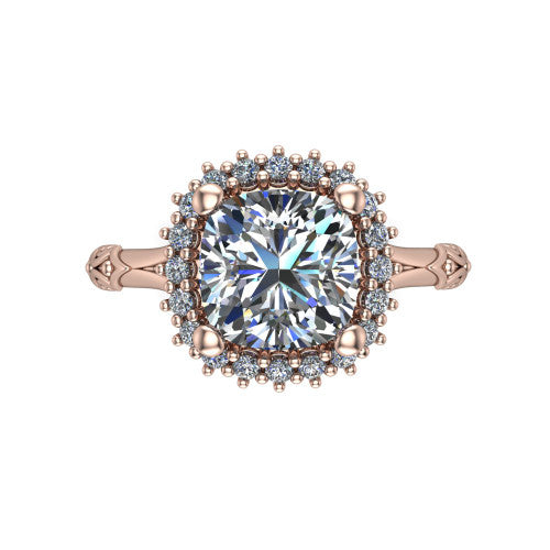 Lillian cushion vintage halo engagement ring in 14K Rose Gold, top-down view showing the squared pav&eacute; halo framing the cushion center
