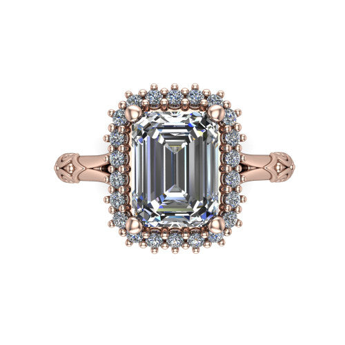 Lillian emerald vintage halo engagement ring in 14K Rose Gold, top-down view showing the squared pav&eacute; halo framing the emerald center