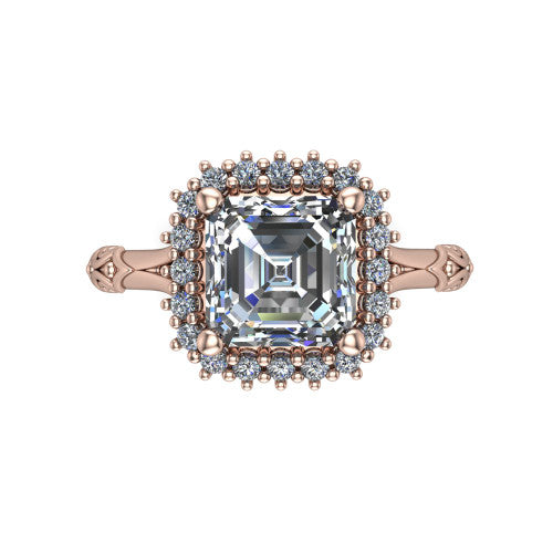 Lillian square emerald vintage halo engagement ring in 14K Rose Gold, top-down view showing the squared pav&eacute; halo framing the square emerald center