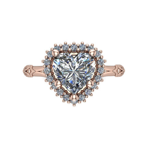 Lillian heart vintage halo engagement ring in 18K Rose Gold, top-down view showing the squared pav&eacute; halo framing the heart center