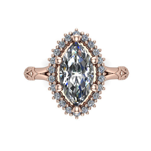Lillian marquise vintage halo engagement ring in 14K Rose Gold, top-down view showing the squared pav&eacute; halo framing the marquise center