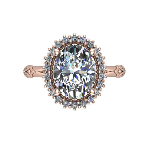 Lillian oval vintage halo engagement ring in 14K Rose Gold, top-down view showing the squared pav&eacute; halo framing the oval center