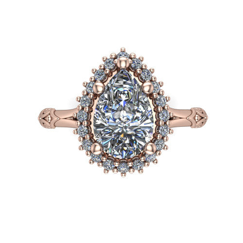 Lillian pear vintage halo engagement ring in 18K Rose Gold, top-down view showing the squared pav&eacute; halo framing the pear center