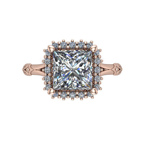 Lillian princess vintage halo engagement ring in 14K Rose Gold, top-down view showing the squared pav&eacute; halo framing the princess center