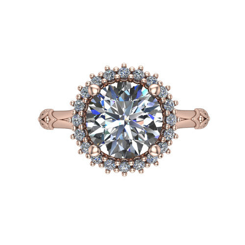 Lillian round vintage halo engagement ring in 18K Rose Gold, top-down view showing the squared pav&eacute; halo framing the round center