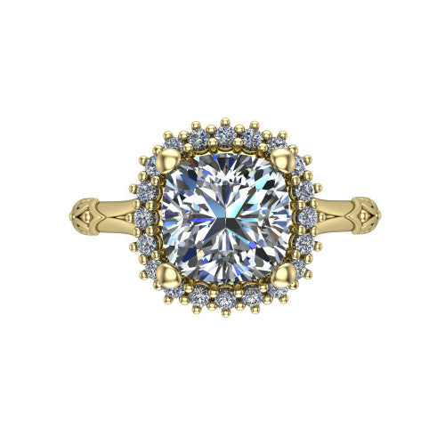 Lillian cushion vintage halo engagement ring in 14K Yellow Gold, top-down view showing the squared pav&eacute; halo framing the cushion center