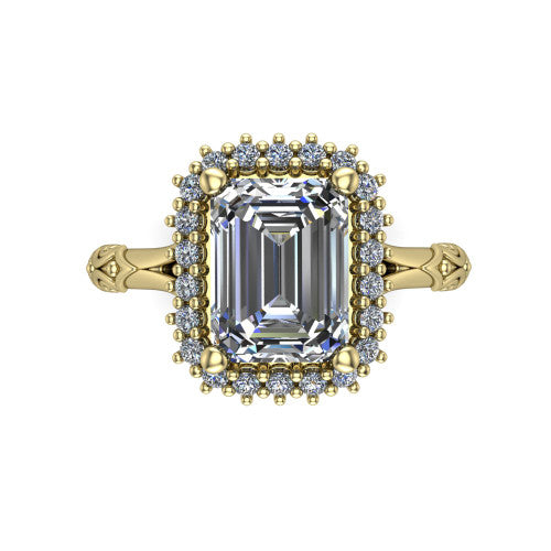 Lillian emerald vintage halo engagement ring in 18K Yellow Gold, top-down view showing the squared pav&eacute; halo framing the emerald center