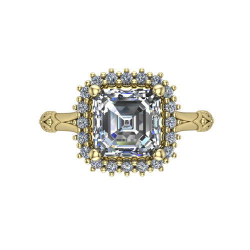 Lillian square emerald vintage halo engagement ring in 14K Yellow Gold, top-down view showing the squared pav&eacute; halo framing the square emerald center