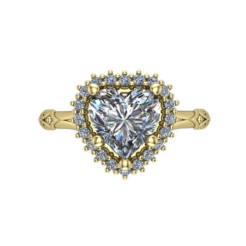 Lillian heart vintage halo engagement ring in 18K Yellow Gold, top-down view showing the squared pav&eacute; halo framing the heart center