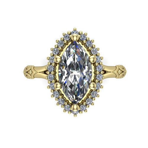 Lillian marquise vintage halo engagement ring in 14K Yellow Gold, top-down view showing the squared pav&eacute; halo framing the marquise center