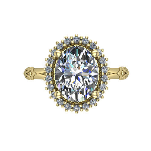 Lillian oval vintage halo engagement ring in 18K Yellow Gold, top-down view showing the squared pav&eacute; halo framing the oval center