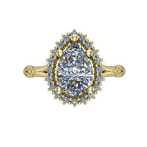 Lillian pear vintage halo engagement ring in 14K Yellow Gold, top-down view showing the squared pav&eacute; halo framing the pear center