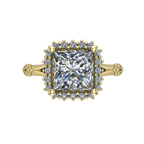 Lillian princess vintage halo engagement ring in 18K Yellow Gold, top-down view showing the squared pav&eacute; halo framing the princess center