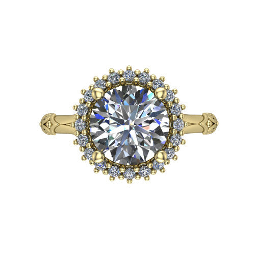 Lillian round vintage halo engagement ring in 18K Yellow Gold, top-down view showing the squared pav&eacute; halo framing the round center