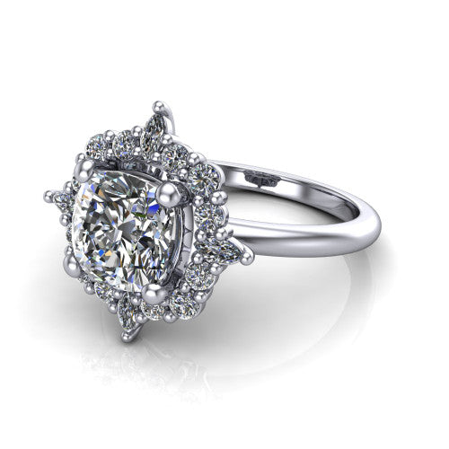 Frances cushion vintage halo engagement ring in 18K White Gold, three-quarter perspective showing the cushion center in a marquise and round starburst halo above a plain band