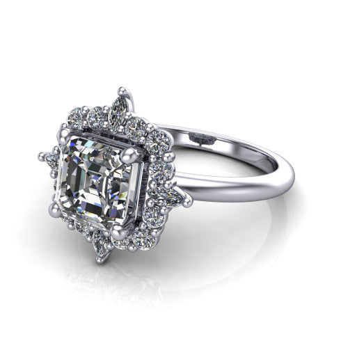 Frances square emerald vintage halo engagement ring in 18K White Gold, three-quarter perspective showing the square emerald center in a marquise and round starburst halo above a plain band