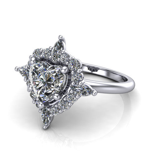 Frances heart vintage halo engagement ring in 14K White Gold, three-quarter perspective showing the heart center in a marquise and round starburst halo above a plain band