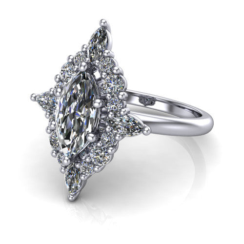 Frances marquise vintage halo engagement ring in 14K White Gold, three-quarter perspective showing the marquise center in a marquise and round starburst halo above a plain band