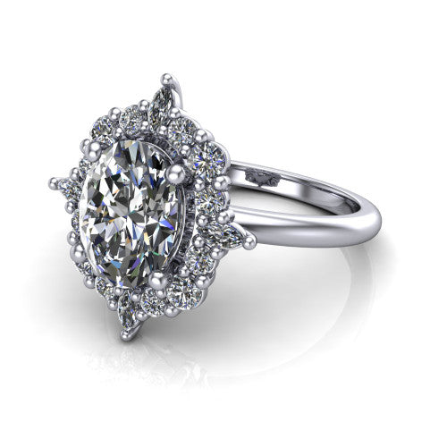 Frances oval vintage halo engagement ring in 14K White Gold, three-quarter perspective showing the oval center in a marquise and round starburst halo above a plain band