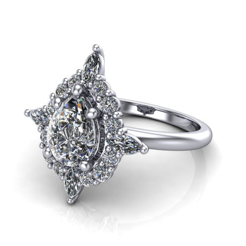 Frances pear vintage halo engagement ring in Platinum, three-quarter perspective showing the pear center in a marquise and round starburst halo above a plain band