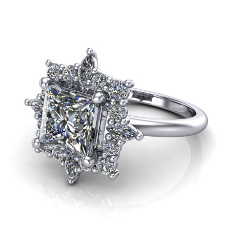 Frances princess vintage halo engagement ring in 14K White Gold, three-quarter perspective showing the princess center in a marquise and round starburst halo above a plain band