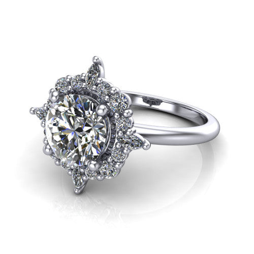 Frances round vintage halo engagement ring in 14K White Gold, three-quarter perspective showing the round center in a marquise and round starburst halo above a plain band