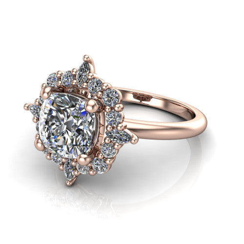 Frances cushion vintage halo engagement ring in 18K Rose Gold, three-quarter perspective showing the cushion center in a marquise and round starburst halo above a plain band