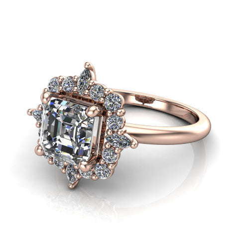 Frances square emerald vintage halo engagement ring in 18K Rose Gold, three-quarter perspective showing the square emerald center in a marquise and round starburst halo above a plain band