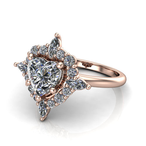 Frances heart vintage halo engagement ring in 18K Rose Gold, three-quarter perspective showing the heart center in a marquise and round starburst halo above a plain band
