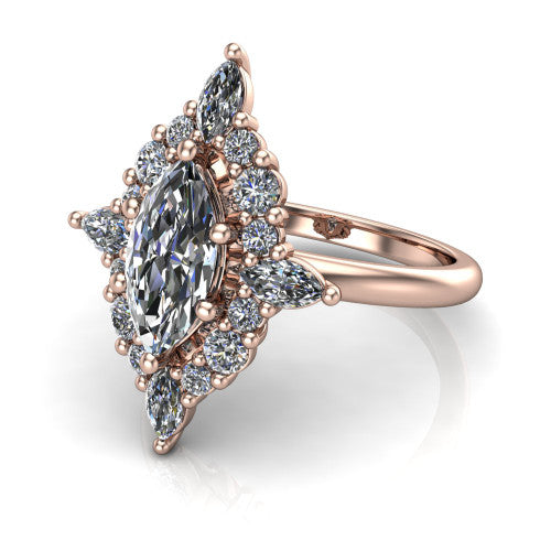 Frances marquise vintage halo engagement ring in 18K Rose Gold, three-quarter perspective showing the marquise center in a marquise and round starburst halo above a plain band