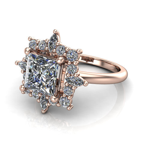 Frances princess vintage halo engagement ring in 18K Rose Gold, three-quarter perspective showing the princess center in a marquise and round starburst halo above a plain band