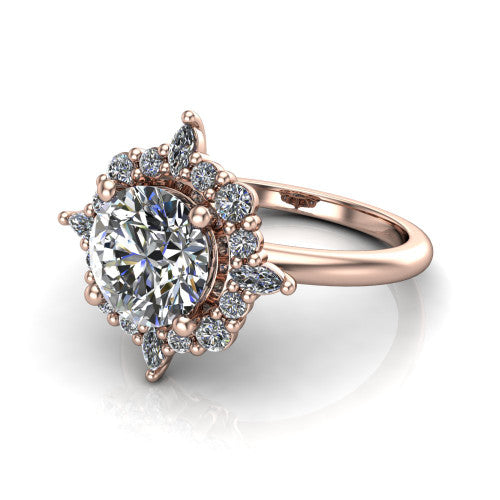Frances round vintage halo engagement ring in 14K Rose Gold, three-quarter perspective showing the round center in a marquise and round starburst halo above a plain band