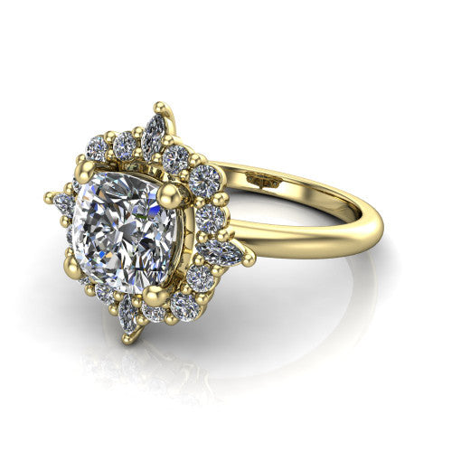 Frances cushion vintage halo engagement ring in 14K Yellow Gold, three-quarter perspective showing the cushion center in a marquise and round starburst halo above a plain band
