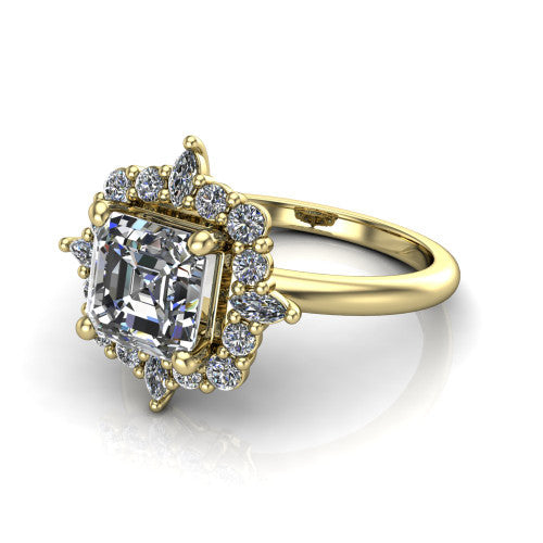 Frances square emerald vintage halo engagement ring in 14K Yellow Gold, three-quarter perspective showing the square emerald center in a marquise and round starburst halo above a plain band