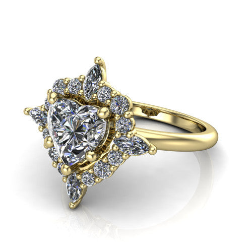 Frances heart vintage halo engagement ring in 14K Yellow Gold, three-quarter perspective showing the heart center in a marquise and round starburst halo above a plain band