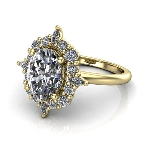 Frances oval vintage halo engagement ring in 14K Yellow Gold, three-quarter perspective showing the oval center in a marquise and round starburst halo above a plain band