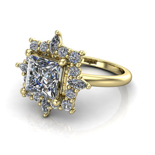 Frances princess vintage halo engagement ring in 18K Yellow Gold, three-quarter perspective showing the princess center in a marquise and round starburst halo above a plain band