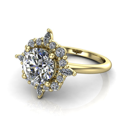 Frances round vintage halo engagement ring in 14K Yellow Gold, three-quarter perspective showing the round center in a marquise and round starburst halo above a plain band