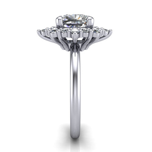 Frances cushion vintage halo engagement ring in 14K White Gold, side profile showing the plain polished band and the starburst cluster halo in profile