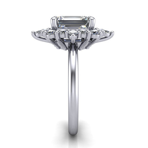 Frances emerald vintage halo engagement ring in 18K White Gold, side profile showing the plain polished band and the starburst cluster halo in profile