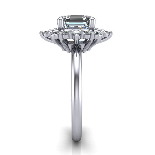 Frances square emerald vintage halo engagement ring in 14K White Gold, side profile showing the plain polished band and the starburst cluster halo in profile