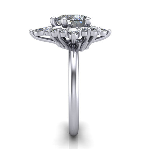 Frances heart vintage halo engagement ring in Platinum, side profile showing the plain polished band and the starburst cluster halo in profile