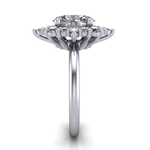 Frances oval vintage halo engagement ring in 14K White Gold, side profile showing the plain polished band and the starburst cluster halo in profile