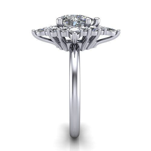 Frances pear vintage halo engagement ring in 14K White Gold, side profile showing the plain polished band and the starburst cluster halo in profile