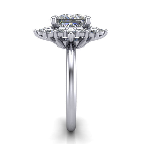 Frances princess vintage halo engagement ring in 14K White Gold, side profile showing the plain polished band and the starburst cluster halo in profile