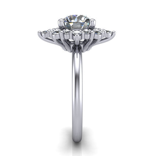 Frances round vintage halo engagement ring in 18K White Gold, side profile showing the plain polished band and the starburst cluster halo in profile