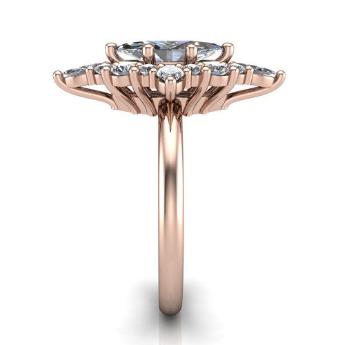 Frances marquise vintage halo engagement ring in 14K Rose Gold, side profile showing the plain polished band and the starburst cluster halo in profile